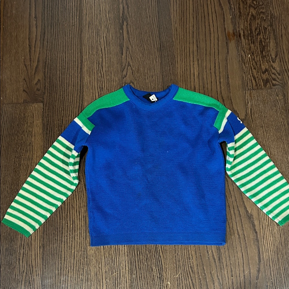 Vtg Demetre royal blu green wool ski board ski patrol sweater sz L kids